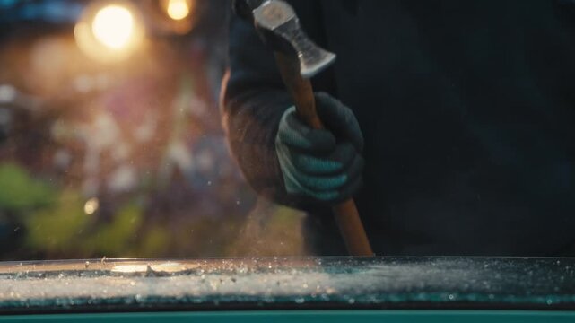 Hammer Hitting Glass Surface with Flying Debris and Workshop Lights