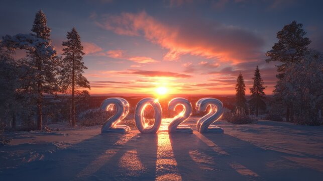 glowing 2026 numbers in snowy winter sunset 2026