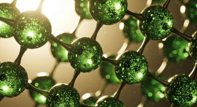 A detailed microscopic view of a complex molecular structure with green, glowing atoms connected in a lattice, illuminated by a warm, radiant light for a scientific concept - Powered by Adobe