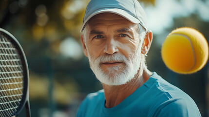 Active senior man embracing vitality playing tennis with a racket and ball on a sunny day, promoting healthy lifestyle and joyful retirement years outdoors