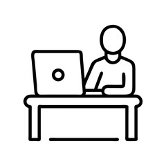 Simple line art icon of a person working on a laptop at a desk