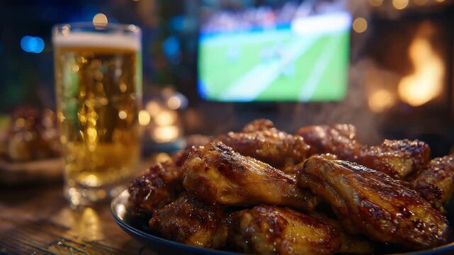 313Close-up of steaming chicken wings with crispy skin, beer glass with condensation, TV showing blurred football match, warm ambient lighting highlighting textures and reflections