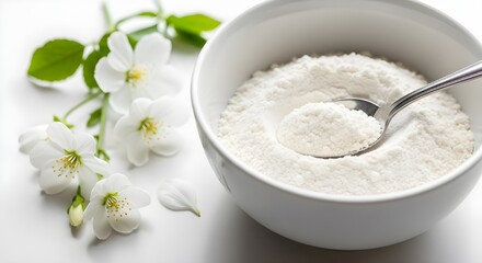 Close up photo featuring a bowl of white powder with a spoon and flowers on a white surface
