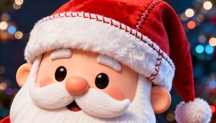 Smiling Santa Claus close-up with festive background lights