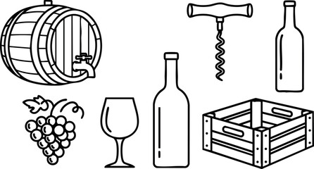 Fototapeta premium Wine barrel corkscrew wine bottle glass grapes wooden crate vector illustration