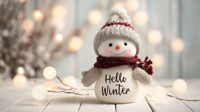a joyful snowman adorned with festive lights and the message hello winter rests on a white wooden backdrop perfect for holiday cheer 2026
