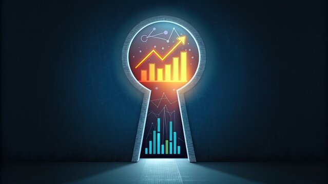 Keyhole revealing glowing financial growth chart and data