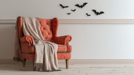 armchair with a throw blanket and bat decorations against a white wall for halloween theme decor 2026