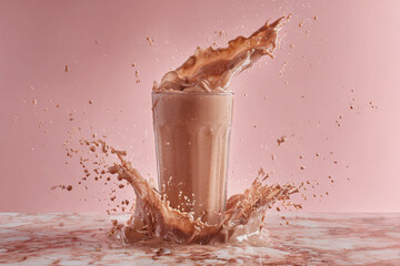 Chocolate milk dynamically splashes from a tall glass onto a pink marbled surface against a soft rose background