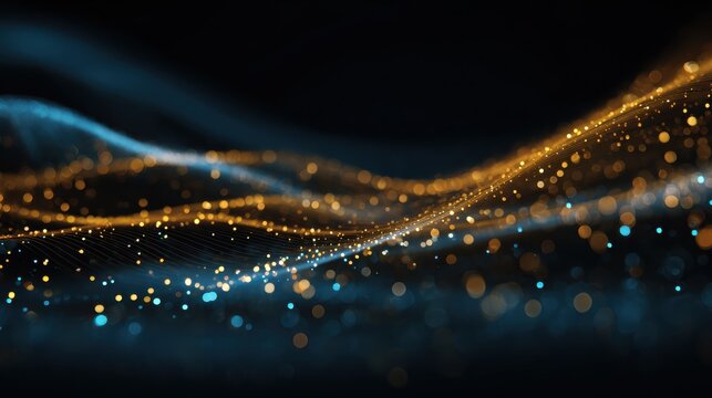 abstract blue and gold bokeh lights with glowing particles and wavy lines on a dark background 2026 - Powered by Adobe
