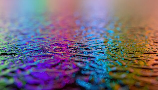 Abstract background with a textured surface reflecting vibrant multicolored lights in purple blue and orange tones with bokeh effect