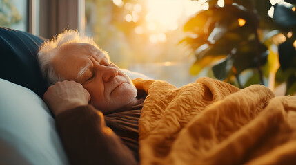 Peaceful senior man enjoying a restful nap in golden sunlight, promoting wellness and relaxation for retirement living and healthcare campaigns