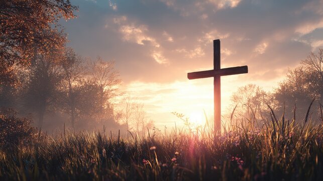 ascension day concept the cross on meadow autumn sunrise background 2026
