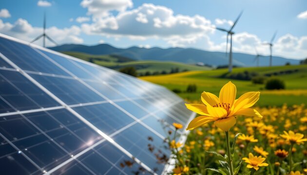 Renewable energy and nature harmony solar panels and wind turbines in vibrant landscape eco-friendly environment