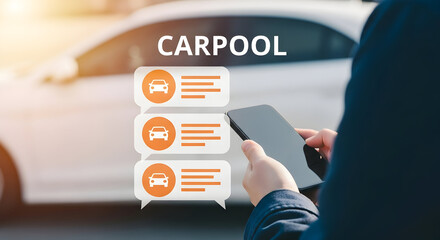 Person uses carpool app on smartphone with car in background showcasing ride sharing and mobile technology for transportation promoting ecofriendly travel and convenient commuting options
