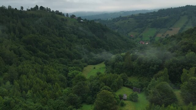 Moody aerial flight over wild green valleys near Bran and Simon village in Transylvania, mist rising from rainy forests and hidden mountain cabins under low clouds