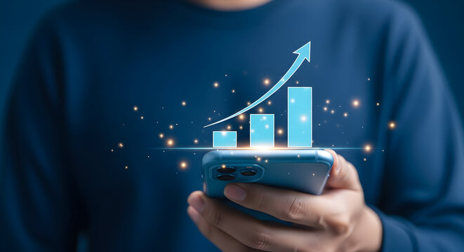 Person holding a smartphone displaying a rising bar graph with an upward trending arrow symbolizing business growth financial success and investment opportunities in a modern digital age