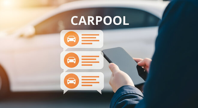 Person uses carpool app on smartphone with car in background showcasing ride sharing and mobile technology for transportation promoting ecofriendly travel and convenient commuting options