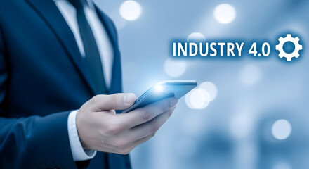 Businessman uses smartphone for industry 4.0 technology showcasing digital transformation and automation in modern business with global connectivity and innovative solutions
