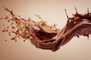 A dynamic splash of rich chocolate liquid creating intricate swirls and flying droplets against a smooth brown background capturing the delicious movement of a sweet treat