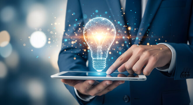 Businessman in a suit holds a tablet displaying a glowing lightbulb representing innovation and creative ideas in business technology and entrepreneurship for success and growth