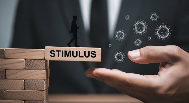 Stimulus concept with a silhouette figure walking across wooden blocks representing economic recovery and financial support during a crisis like a pandemic with virus icons - Powered by Adobe
