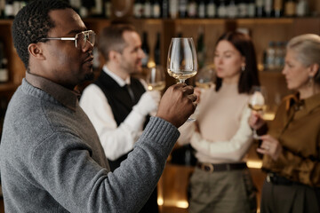 Black young adult man holding wine glass and examining color while standing with Caucasian middle aged man, Caucasian young adult woman and Caucasian senior woman tasting wine together