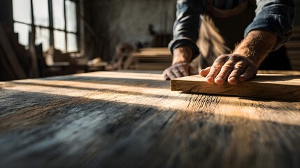 Carpenters hands sanding wood in a sunlit workshop.