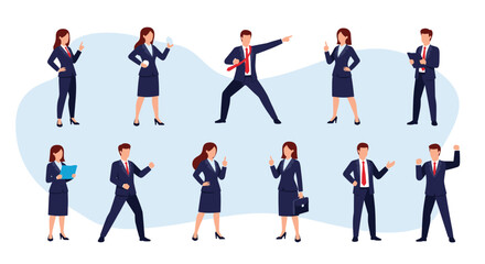 Diverse group of business professionals in suits striking confident poses in an abstract setting.