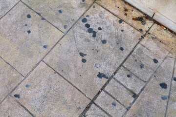City cleanness. Black chewing gum spots on urban sidewalk in Alicante, Spain. Old chewing gums of...