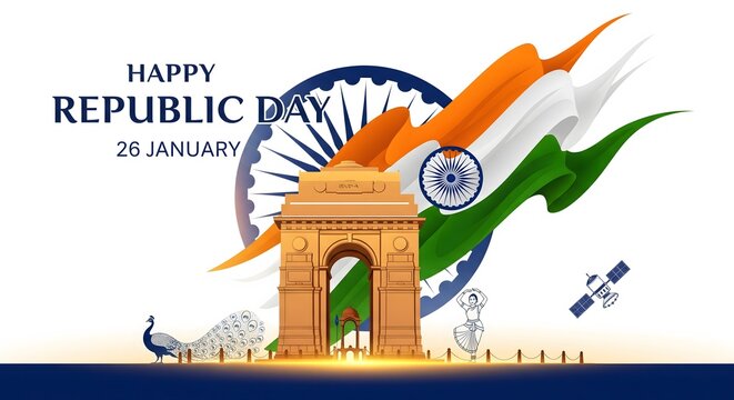 Happy republic day india with india gate and national flag