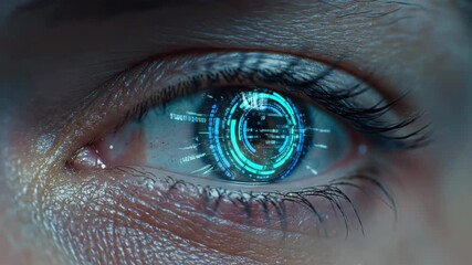 Womans cybernetic eye activates with blue holographic projections. Futuristic augmented reality vision for 5g communications and smart city networks. video footage video footage - Powered by Adobe