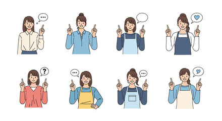 Eight diverse women pointing upwards with speech bubbles indicating various emotions and ideas.