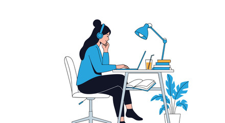 Young woman wearing headphones studies at a desk with a laptop, books, and a lamp.