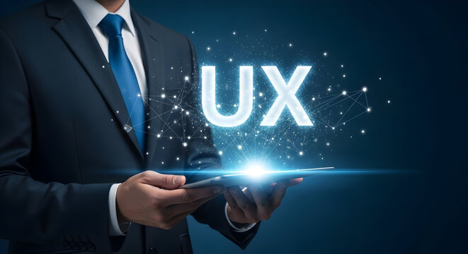 Businessman presenting UX design concept on a tablet with glowing digital interface and network connections showcasing user experience and technology solutions for modern business applications