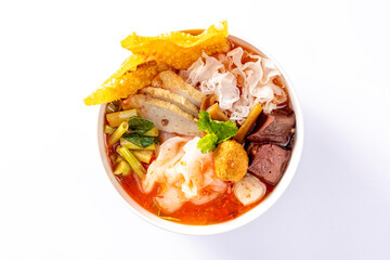 Yen Ta Fo noodles on a white background