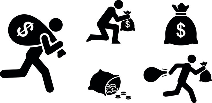 Money thief stealing cash bags running with dollar signs vector illustration
