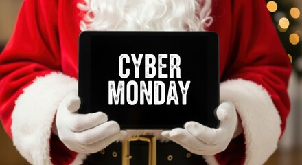 Santa claus holding a sign for cyber monday sales and promotions