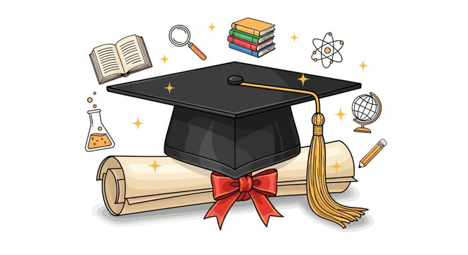 Celebrate academic achievement with this graduation cap and diploma illustration, perfect for back to school promotions and educational content creation