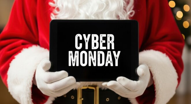 Santa claus holding a sign for cyber monday sales and promotions