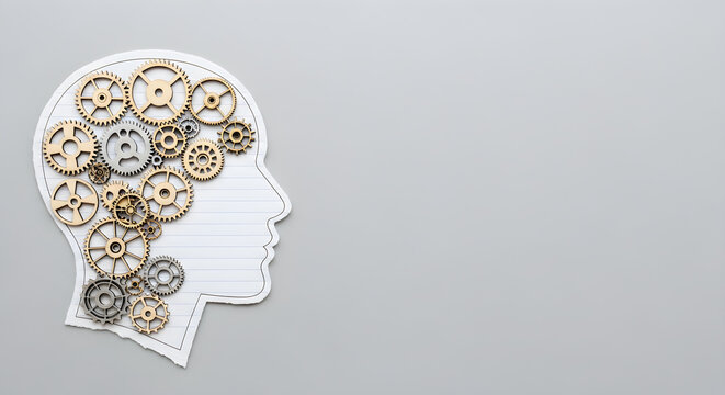 Paper cutout of human head with gears inside symbolizing thinking process and brain function