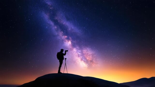 A man enjoys the breathtaking view of the Milky Way over a mountain landscape at night, copy space
