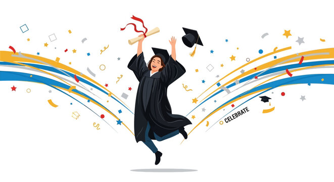 Joyful graduate jumping for joy with diploma and graduation cap on a celebratory background perfect for school promotions and graduation announcements - Powered by Adobe