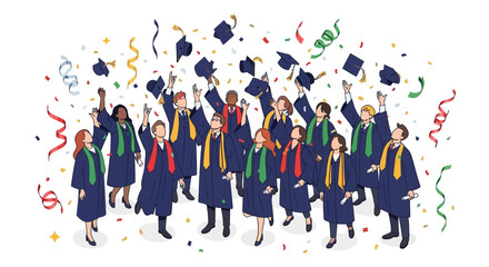 Excited graduates celebrate academic success by throwing hats in the air during graduation ceremony filled with confetti and joy for new beginnings