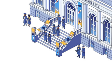 Celebrating graduation day together at the university, graduates stand on the steps in cap and gown, ready to embark on a successful future journey