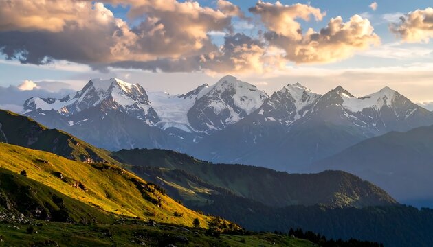 Panoramic view of snow-capped mountains under a dramatic, cloudy sky