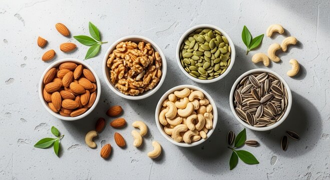 A top-down view of assorted nuts and seeds in bowls, surrounded by fresh green leaves on a textured grey surface