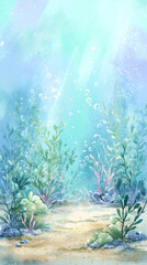 Fototapeta premium Peaceful Underwater Watercolor Background with Soft Seaweed and Magical Glow