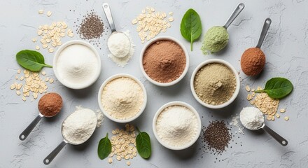 Selection of various protein supplement powders in bowls and spoons, including whey and plant-based options for sports nutrition