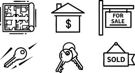 Real estate icons house plan key sold for sale property vector illustration